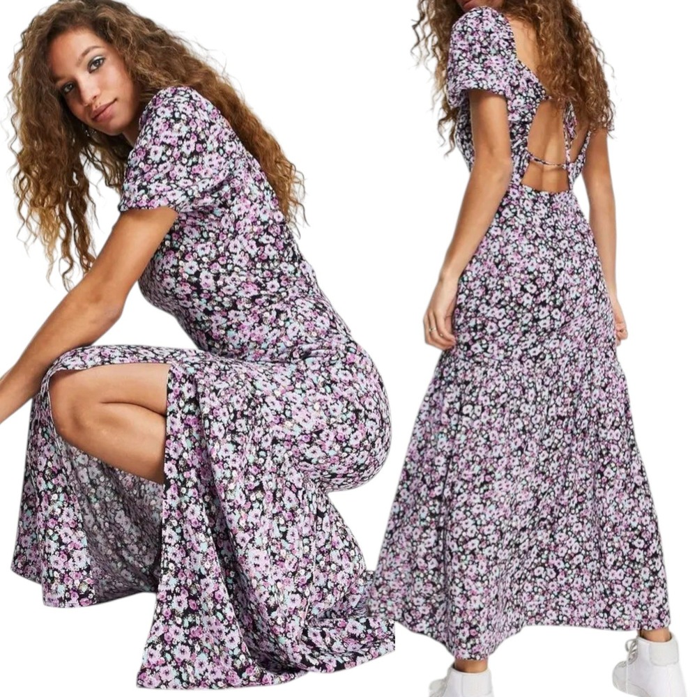Topshop Floral Puff Sleeve Maxi Dress US 14 Open Back Tie‎ Cottagecore Romantic